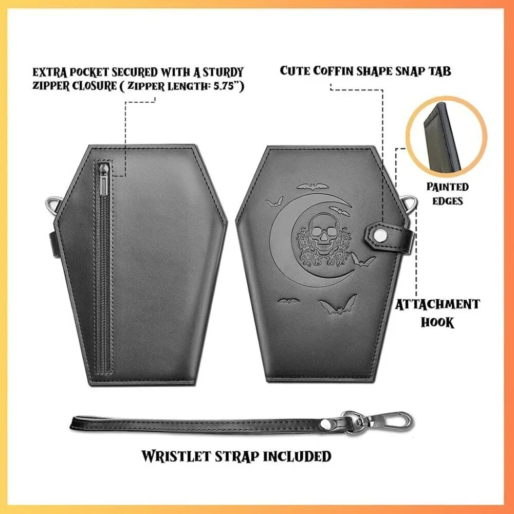 Gothic Faux Leather Coffin Wallet with Skull Design Zipper Snap Closure Women